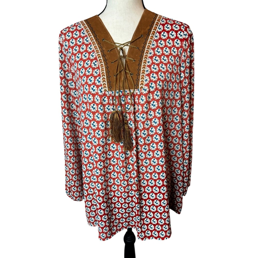 Wrangler Womens Red Boho Lace Up Tassel Peasant Blouse Size M Cowgirl